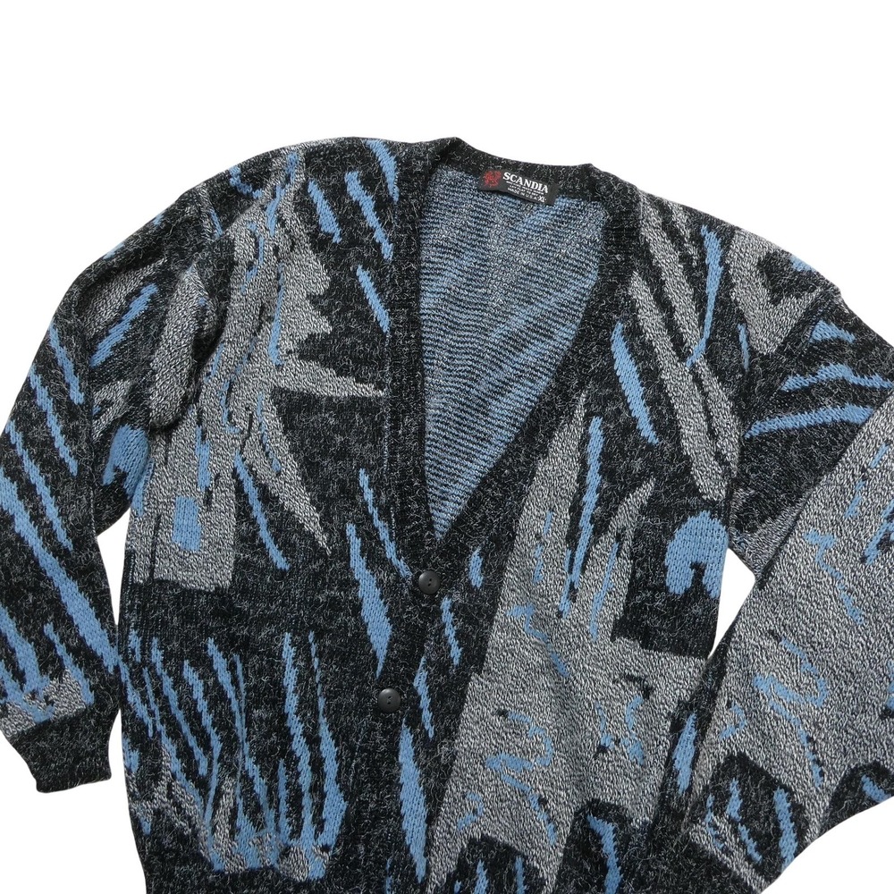 Vintage Scandia Sweater Mens XL Gray Blue Geometric‎ Knit Cardigan Made USA